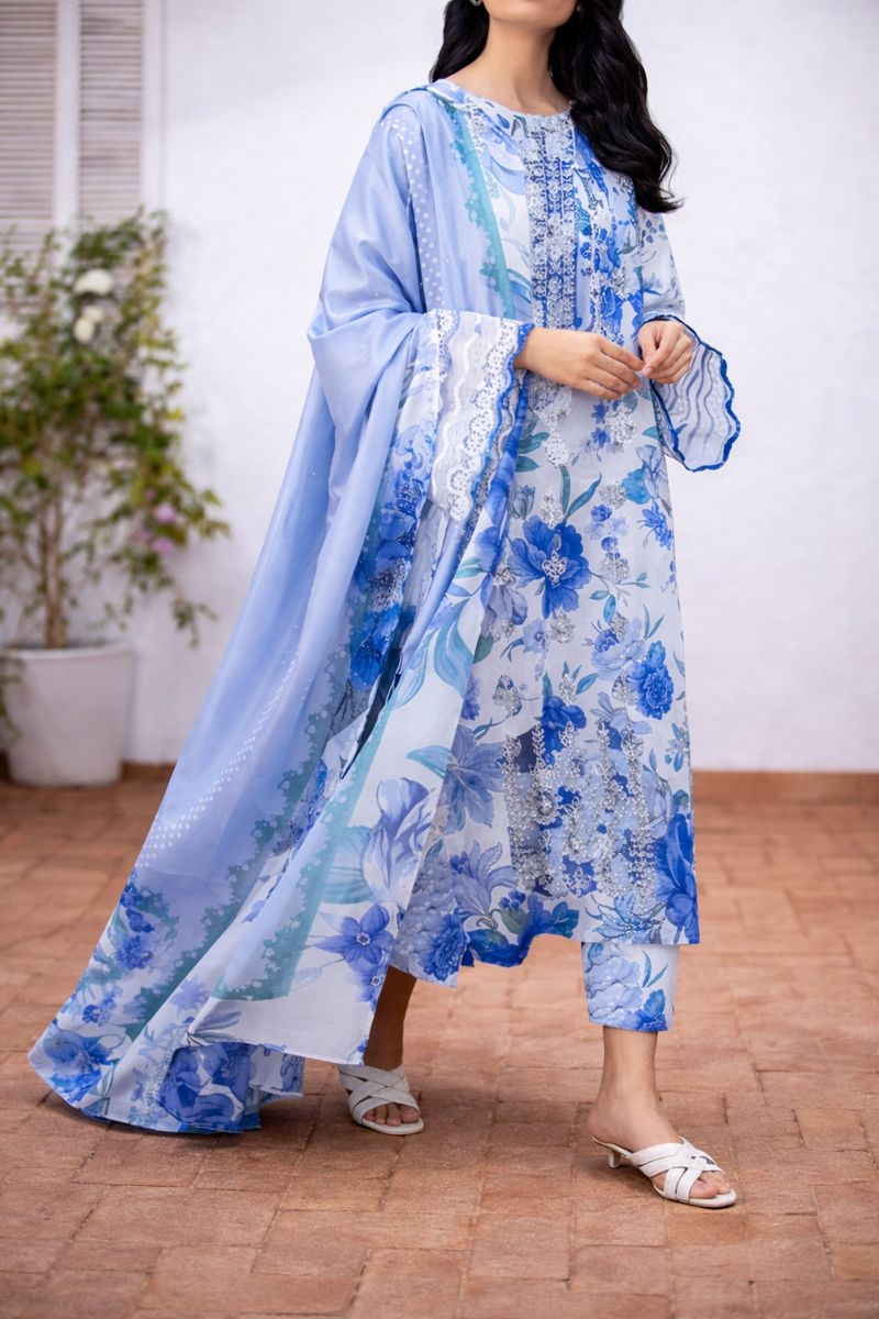 Embroidered Lawn Suits Unstitched 3 Piece Sky Blue & White