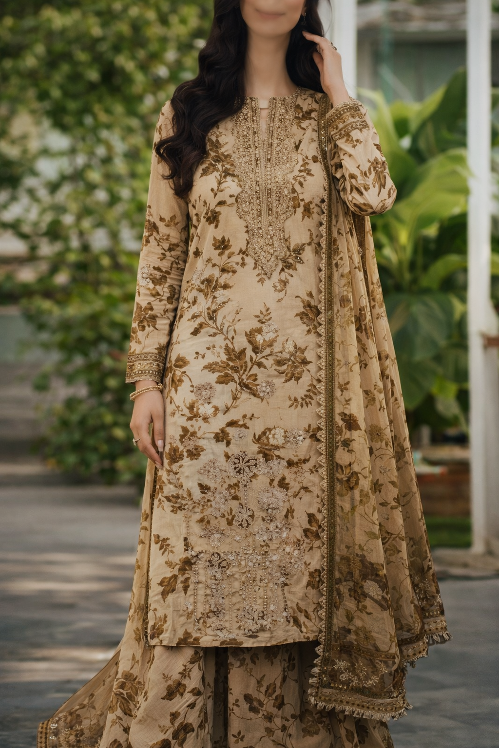 Embroidered Lawn Suits Unstitched 3 Piece Brown & Skin