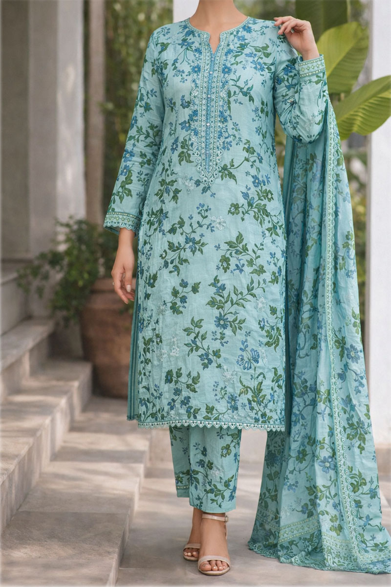 Embroidered Lawn Suits Unstitched 3 Piece Blue & Green