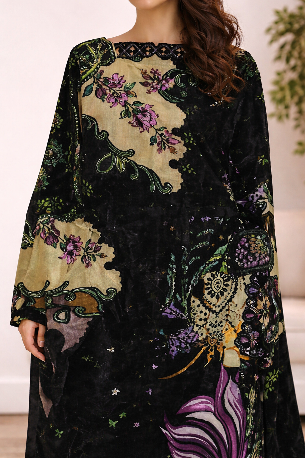 Embroidered Lawn Suits Unstitched 3 Piece Black & skin