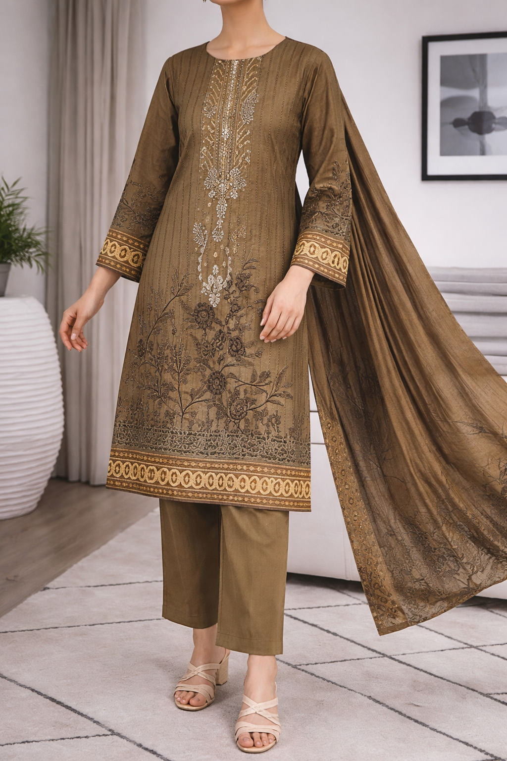 Embroidered Lawn Suits Unstitched 3 Piece premium Brown