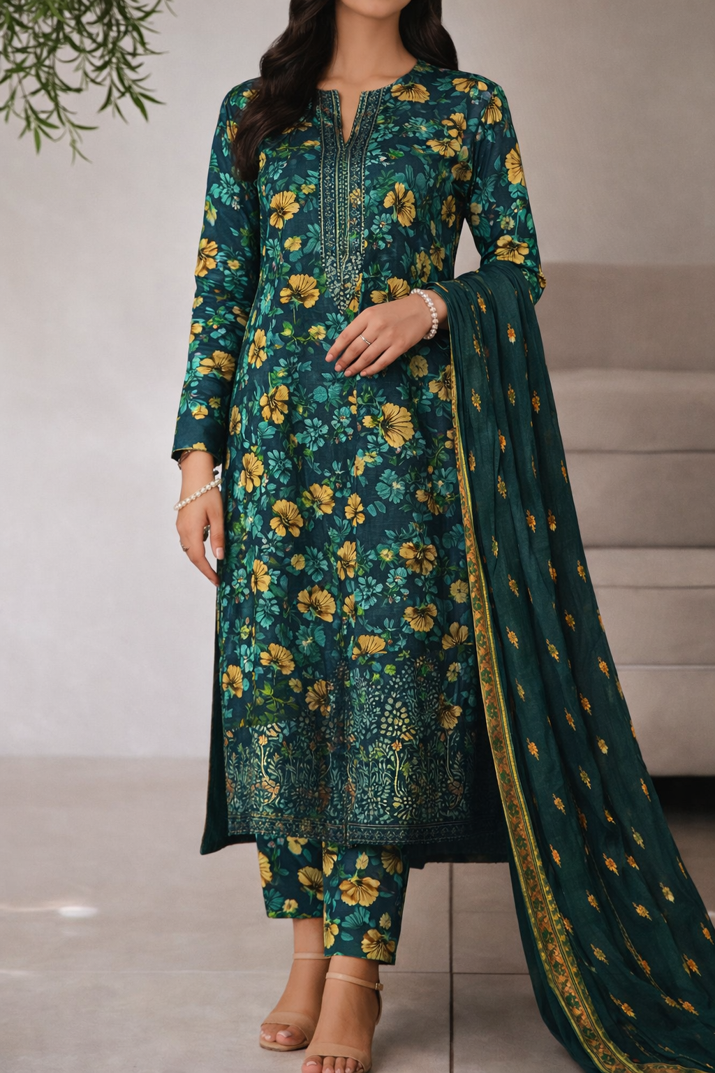 Premium Lawn Suits Unstitched 3 Piece Sea Green (Embroidered)