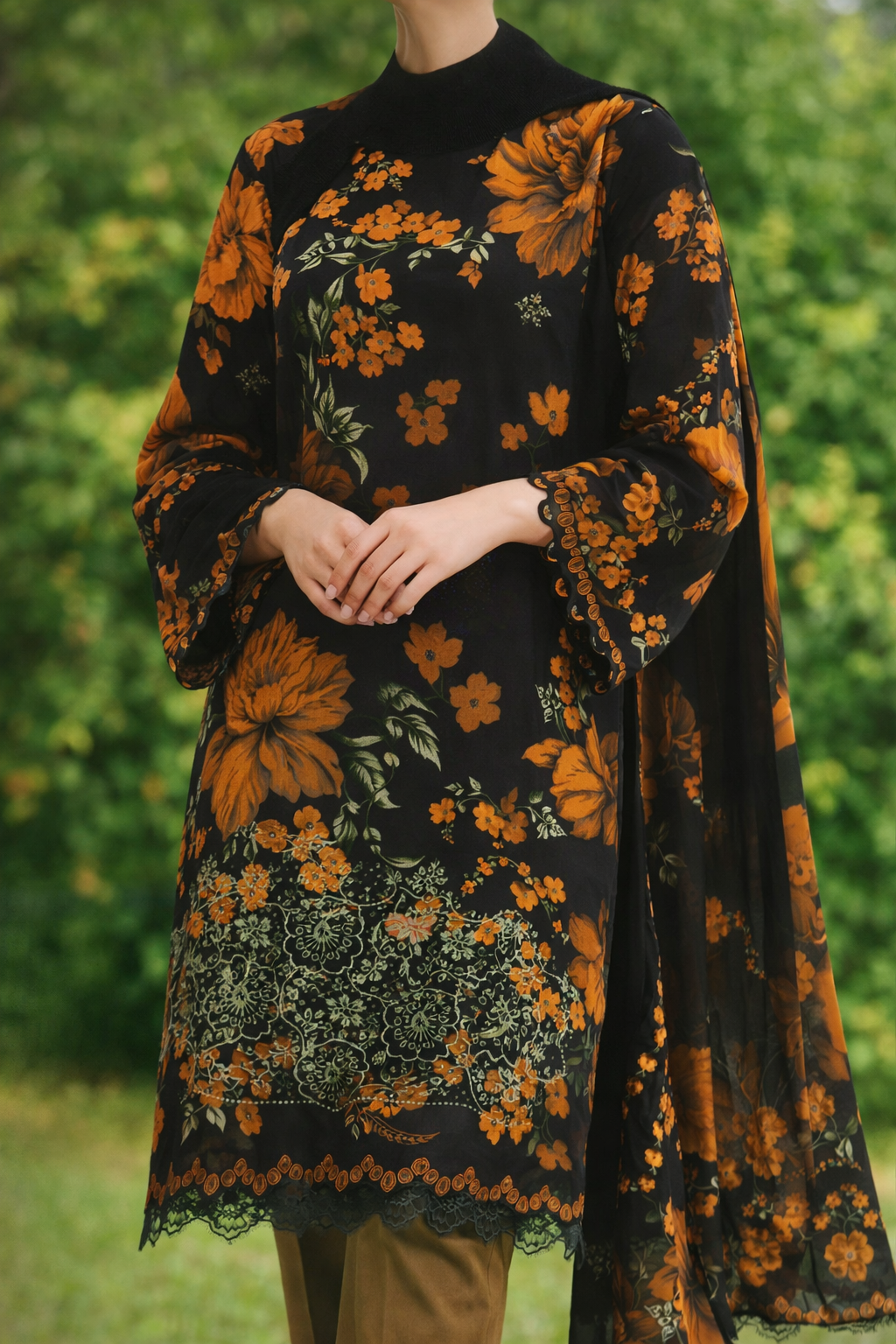 Embroidered Lawn Suits Unstitched 3 Piece Orange & Black