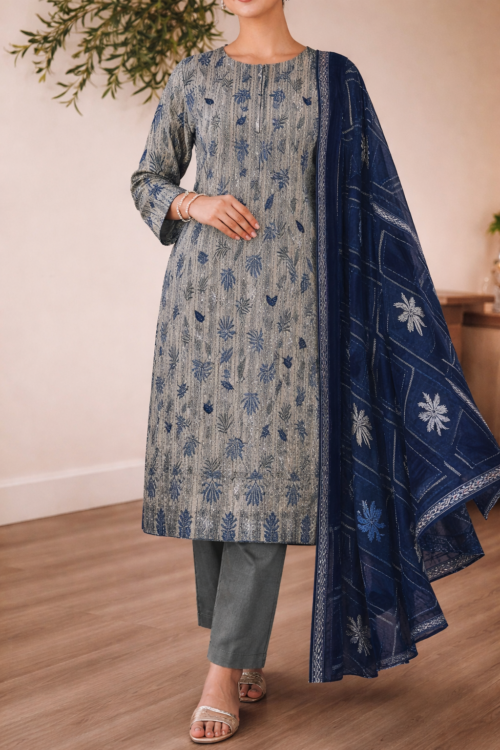 Lawn Suits Unstitched 3 Piece Gray & Blue (Embroidered)